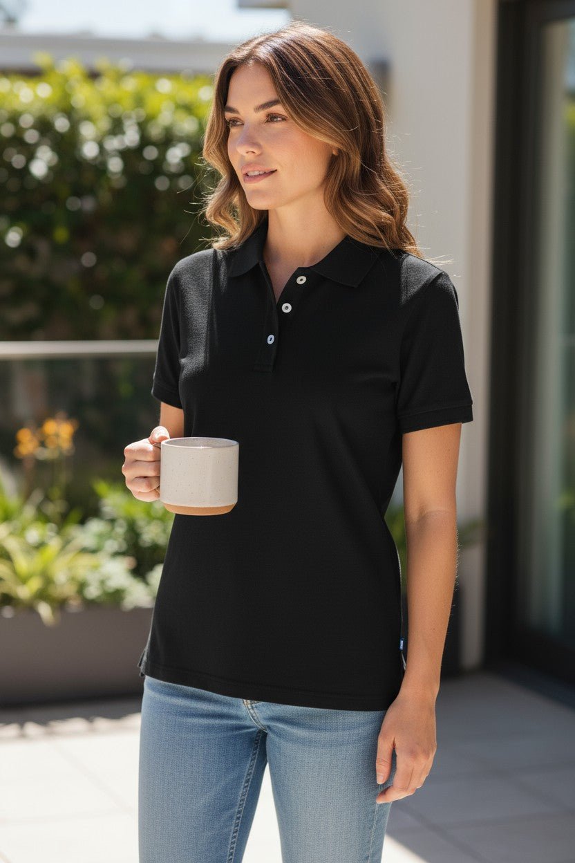 Lady in black polo shirt
