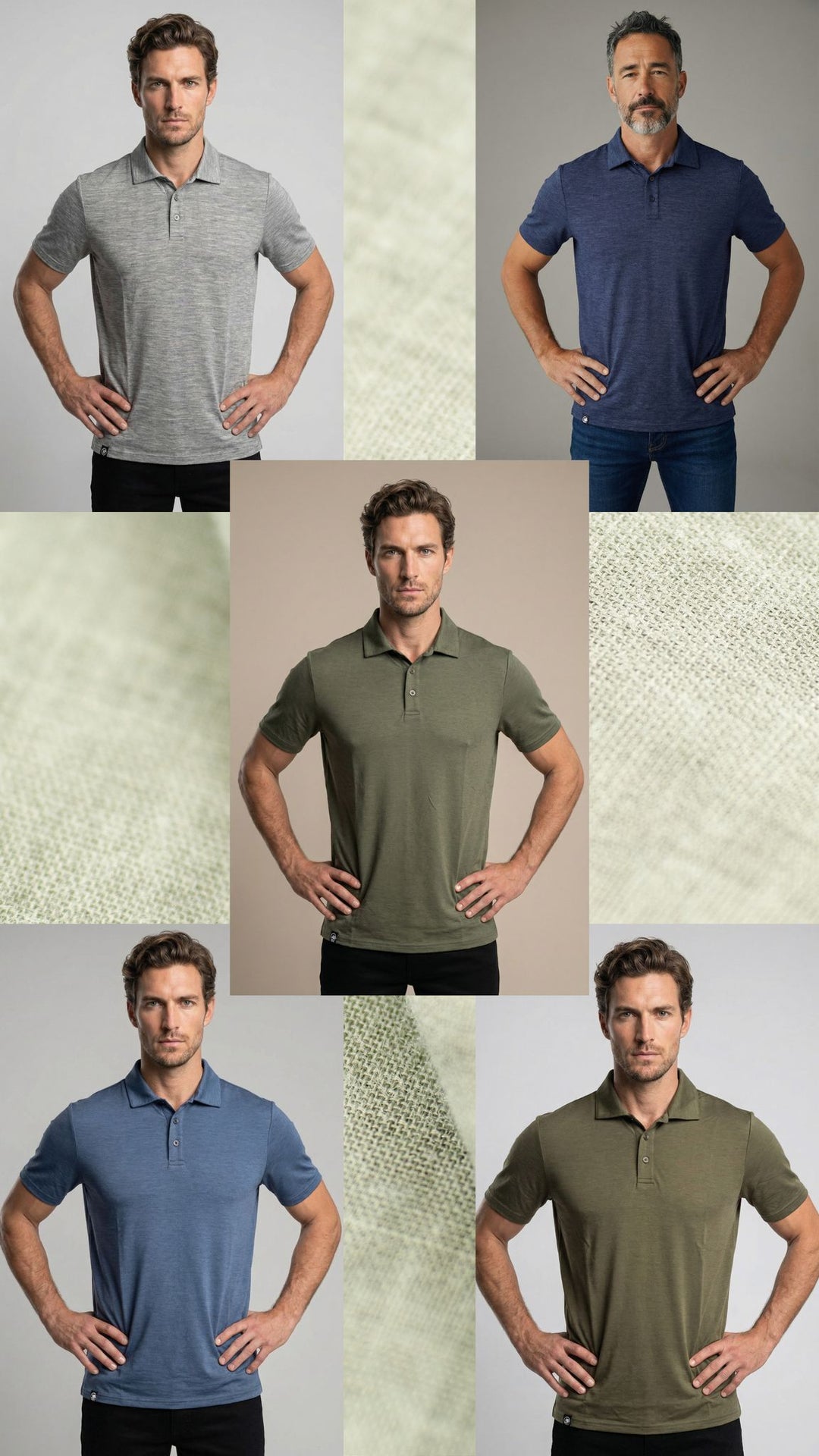 Collage of a man wearing different polo shirts with corresponding fabric swatches.
