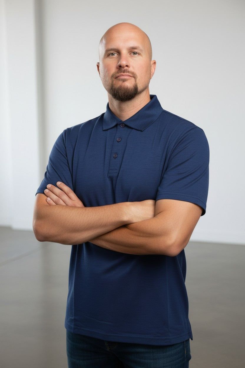 Man wearing a blue polo shirt with arms crossed against a plain background
