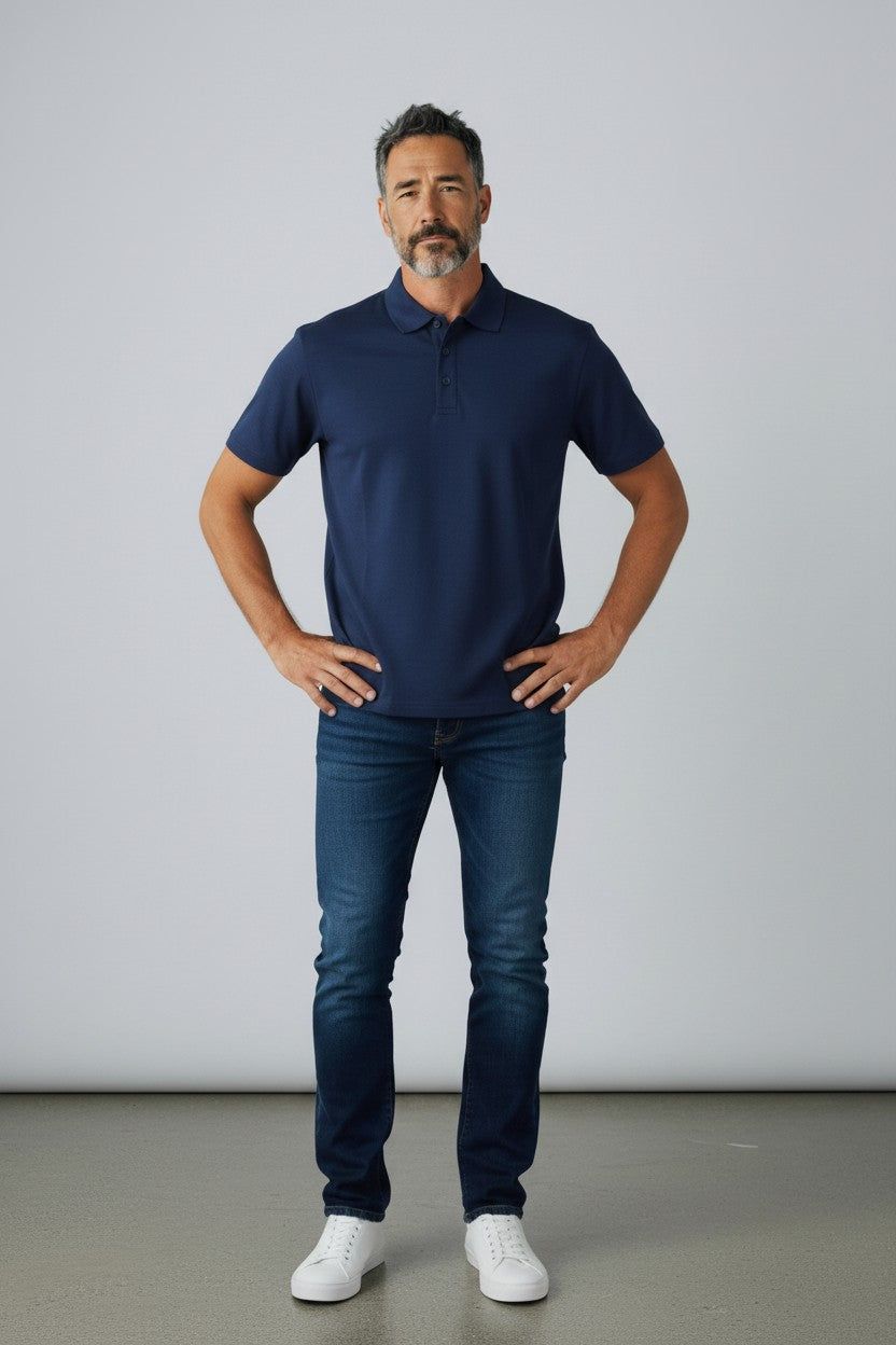 Man wearing a navy blue polo shirt and jeans standing against a plain background