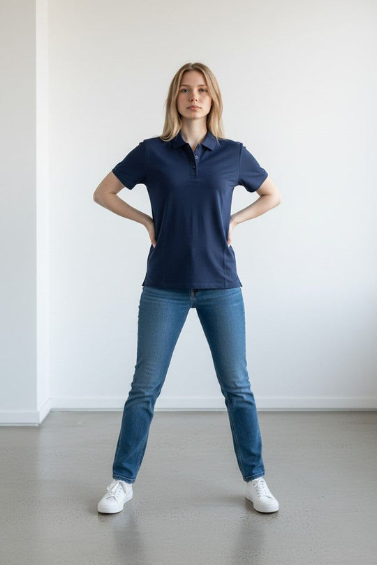 Woman wearing a navy polo shirt and blue jeans standing against a white wall.