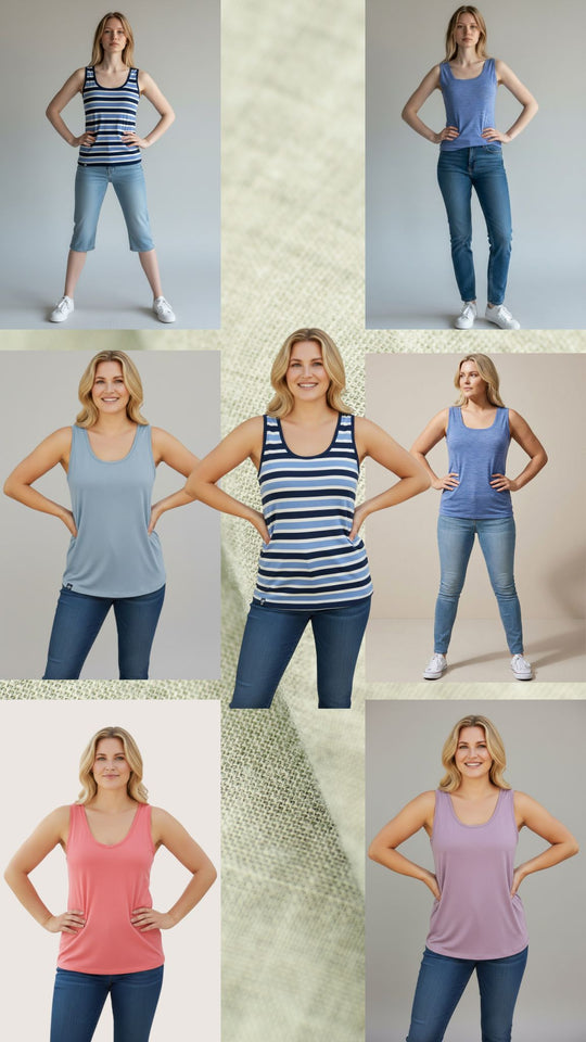 Grid of a woman wearing different colored tank tops and jeans on a neutral background