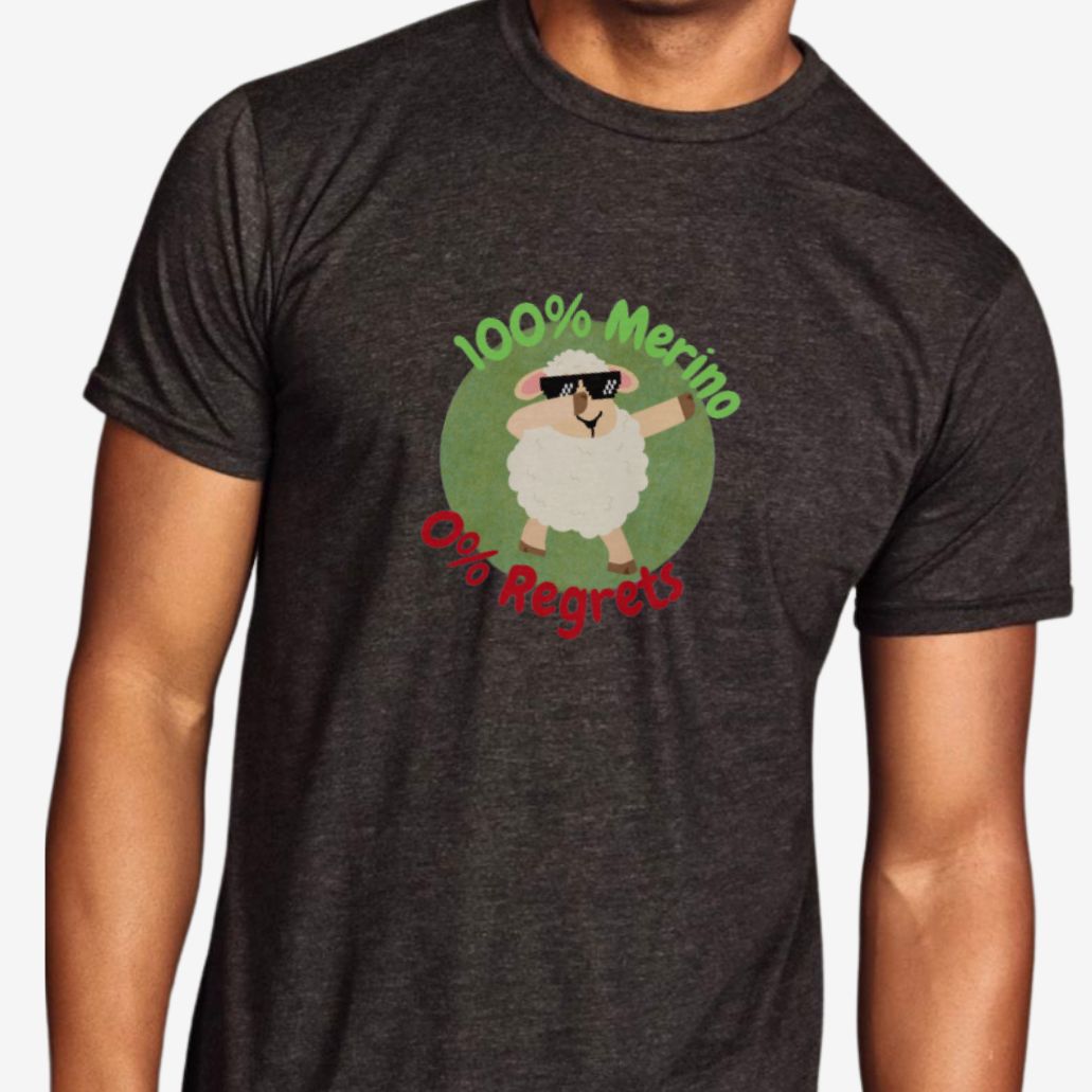 Person wearing a dark gray t-shirt with a sheep graphic and text on a white background