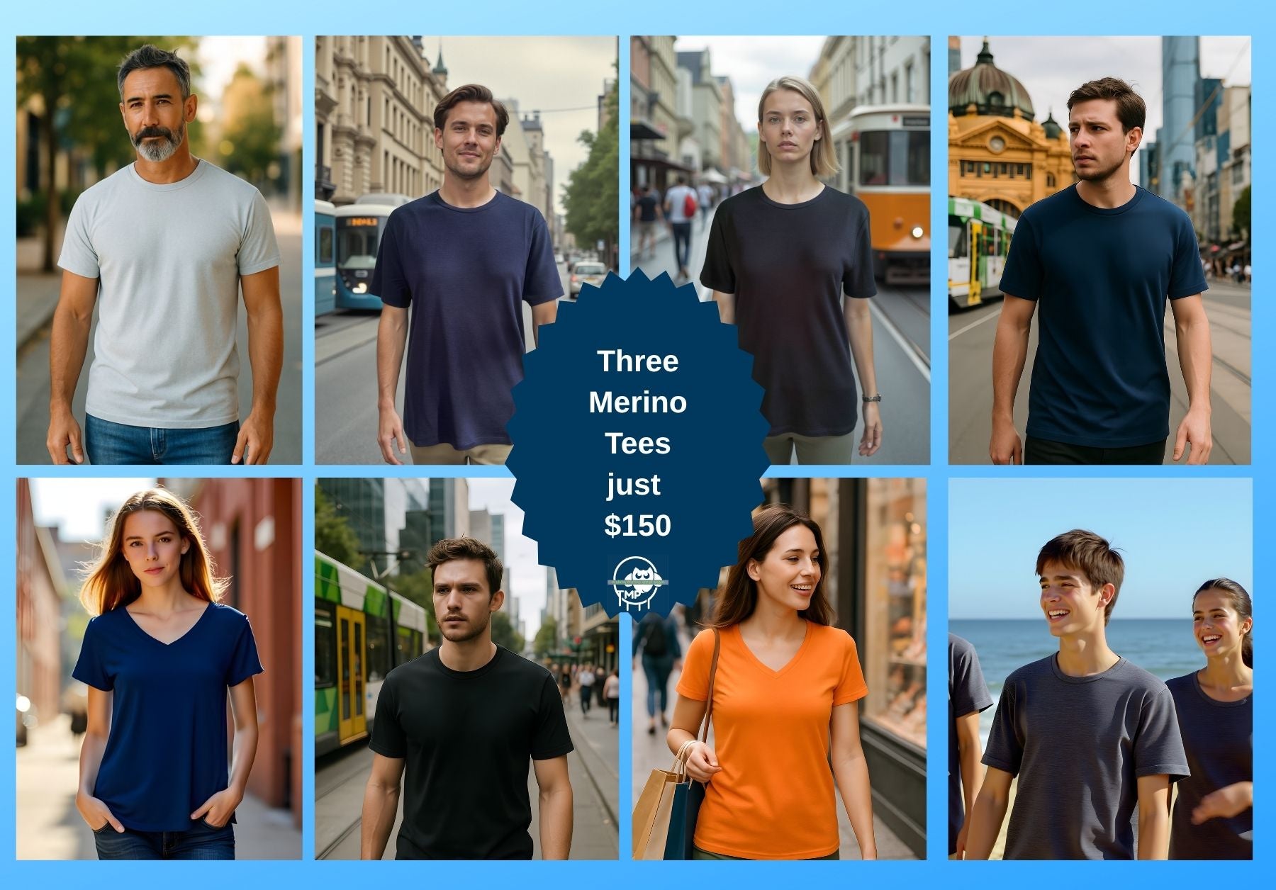 People in Merino tees with '3 for $150'