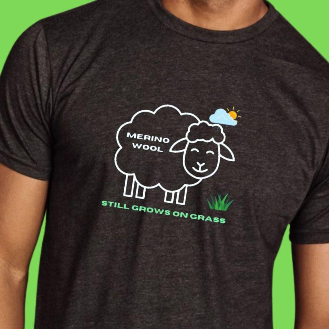 Person wearing a black t-shirt with a merino wool logo on a green background