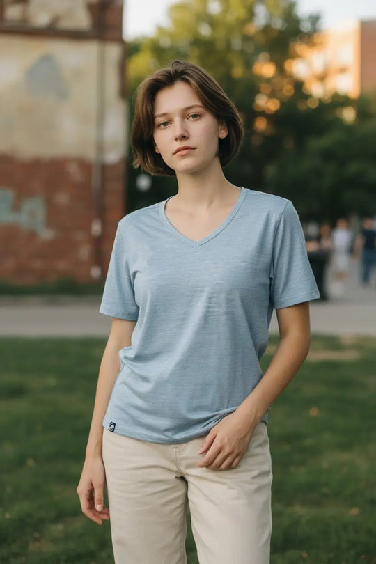 Light Blue V-neck merino T-shirt by @Themerinopolo