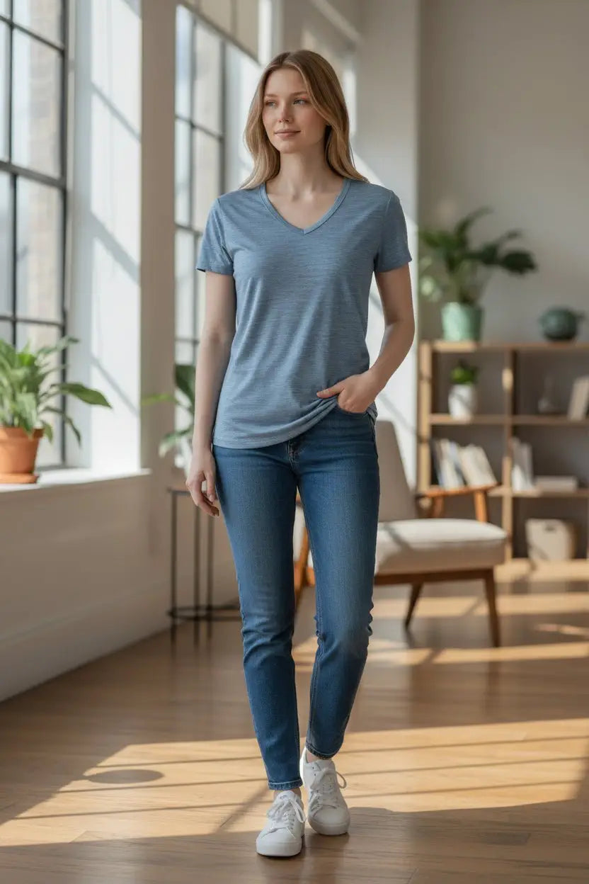 Woman standing in a bright room wearing a blue merino wool t-shirt by @themerinopolo