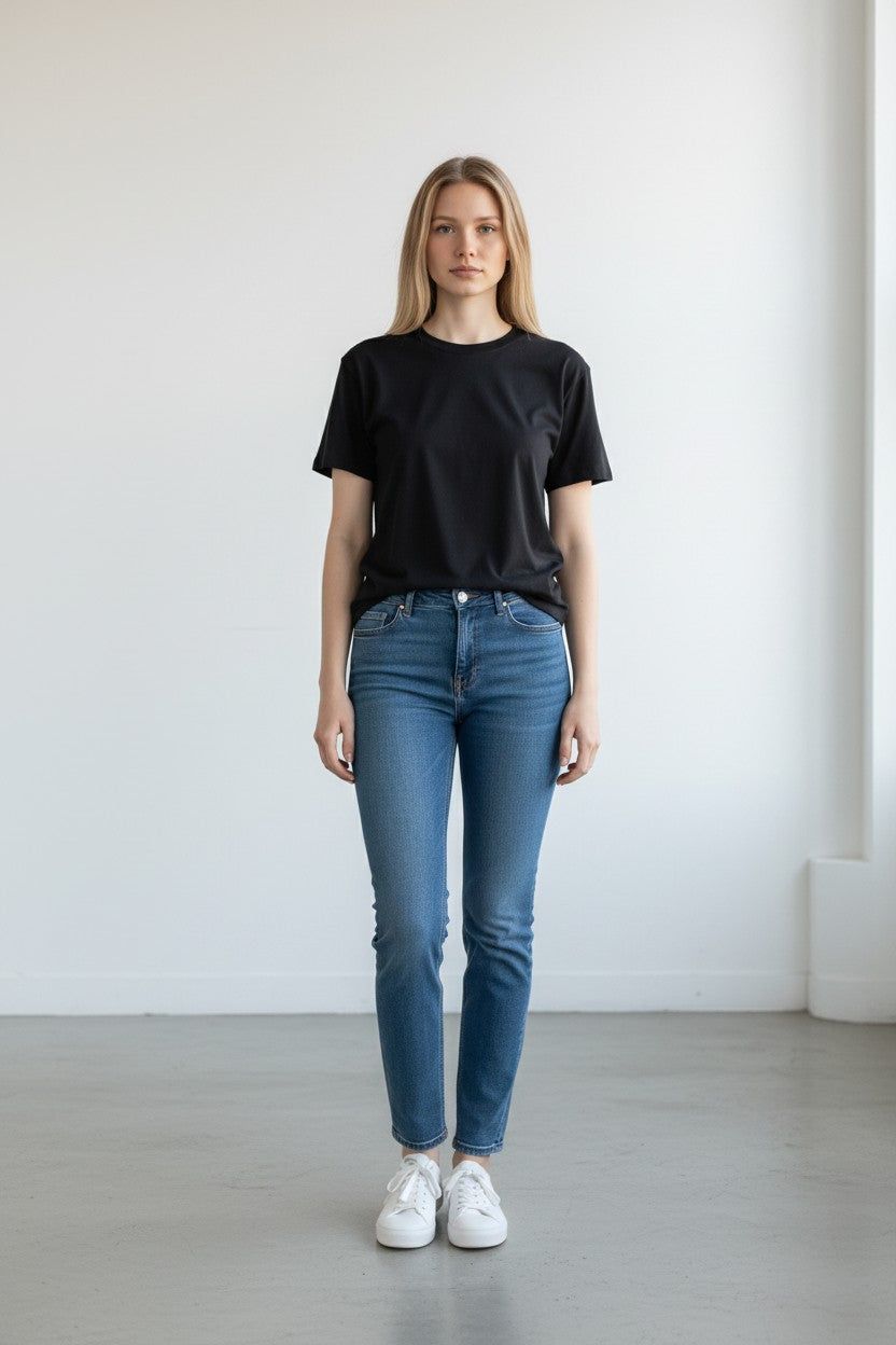 Person wearing a black t-shirt and blue jeans standing against a white wall.