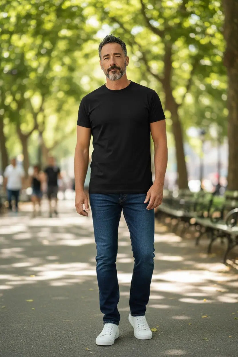 Man wearing a black t-shirt, blue jeans, and white sneakers standing in a park.