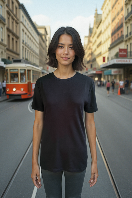 Woman standing wearing black merino T-shirt on a city street with a blurred background