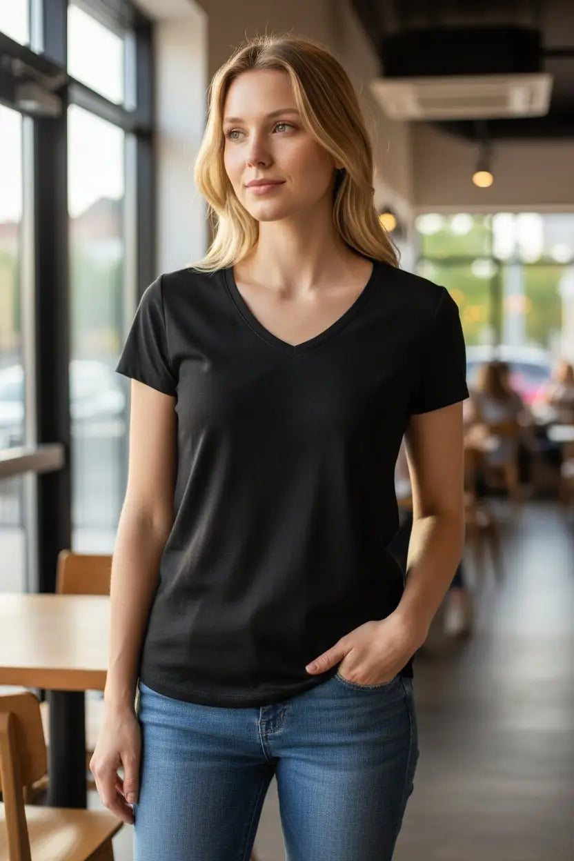 Woman wearing a black t-shirt by @TheMerinoPoloand blue jeans in a casual setting