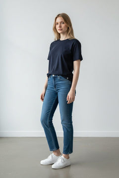 Lady in navy merino t-shirt