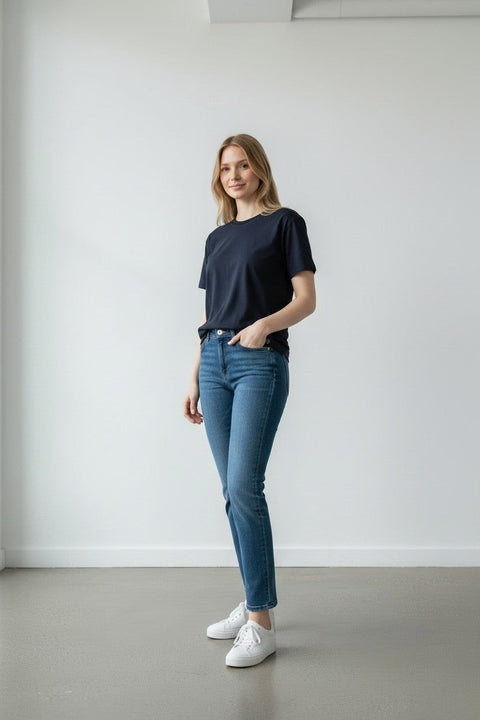 Lady in navy merino t-shirt
