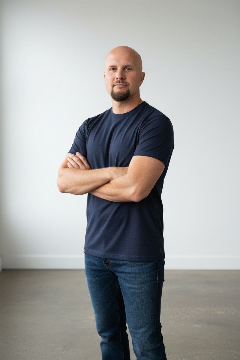 big man in navy merino t-shirt