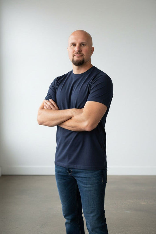 big man in navy merino t-shirt