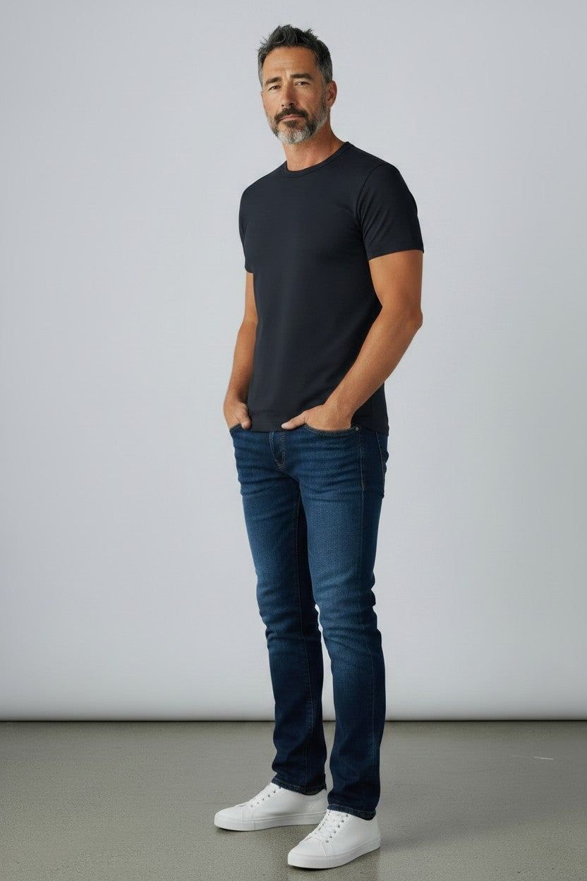 Man in navy merino t-shirt