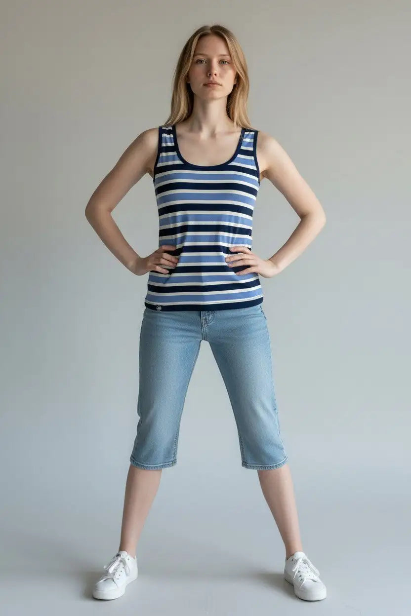 Woman wearing a striped tank top and light blue jeans against a plain background