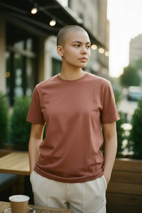 Person wearing a brown t-shirt standing outdoors near a table with a blurred background