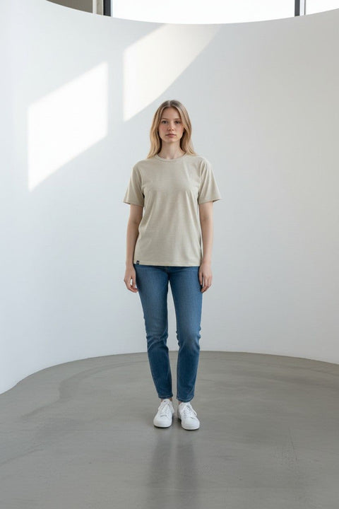 Lady in camel colour wool t-shirt