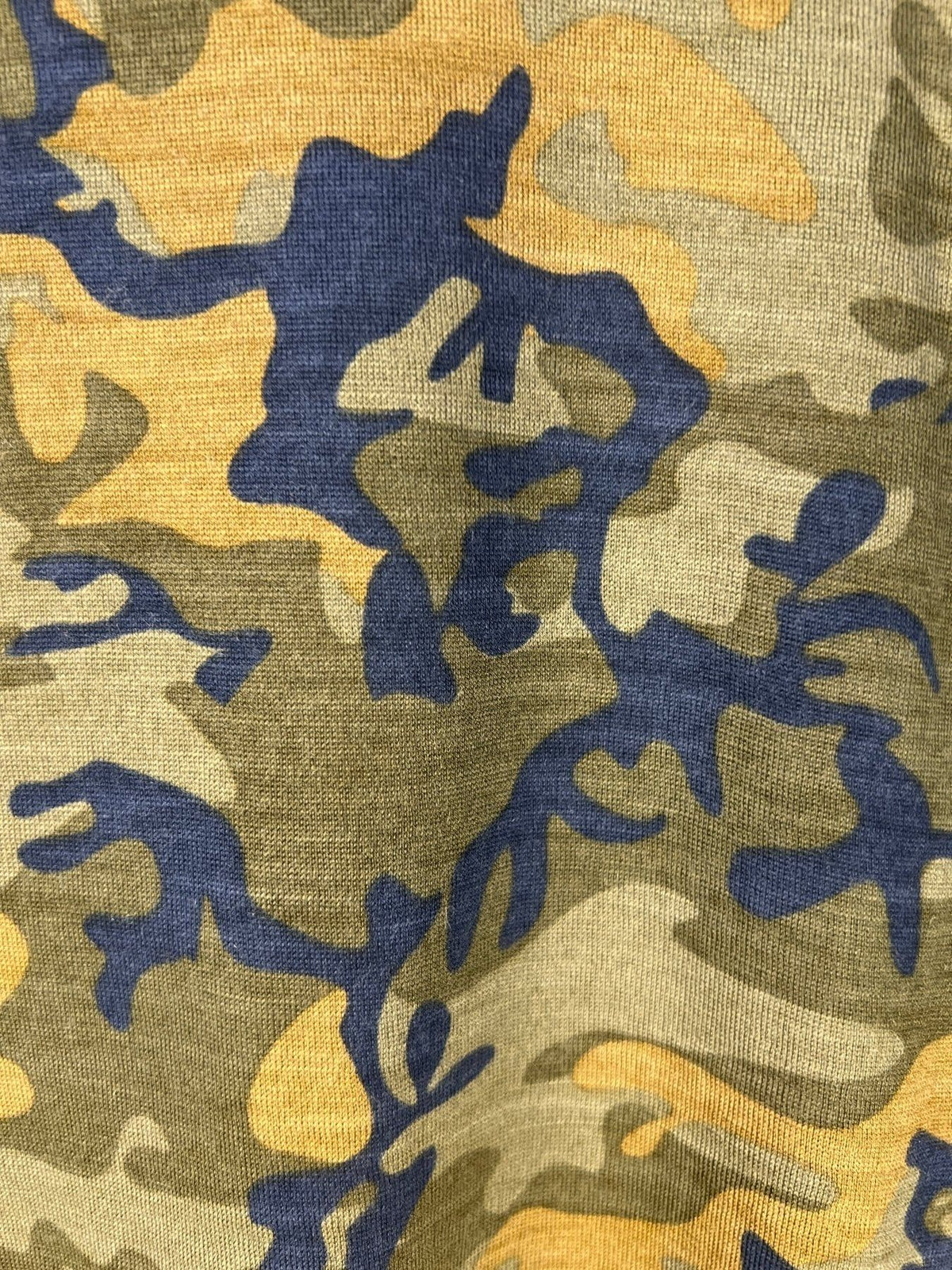 Close-up of a camouflage pattern fabric with blue, green, and yellow colors.