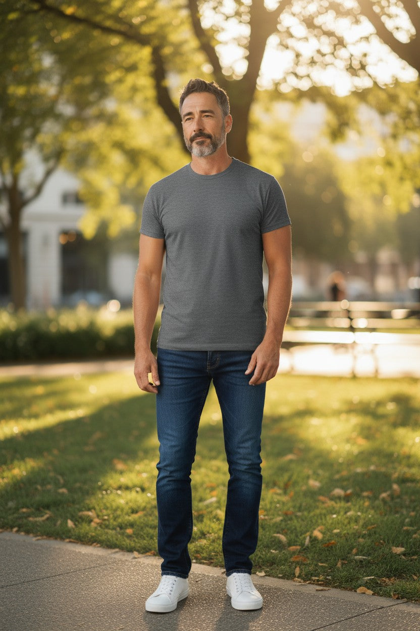 Man standing outdoors in a park wearing a gray t-shirt and blue jeans.