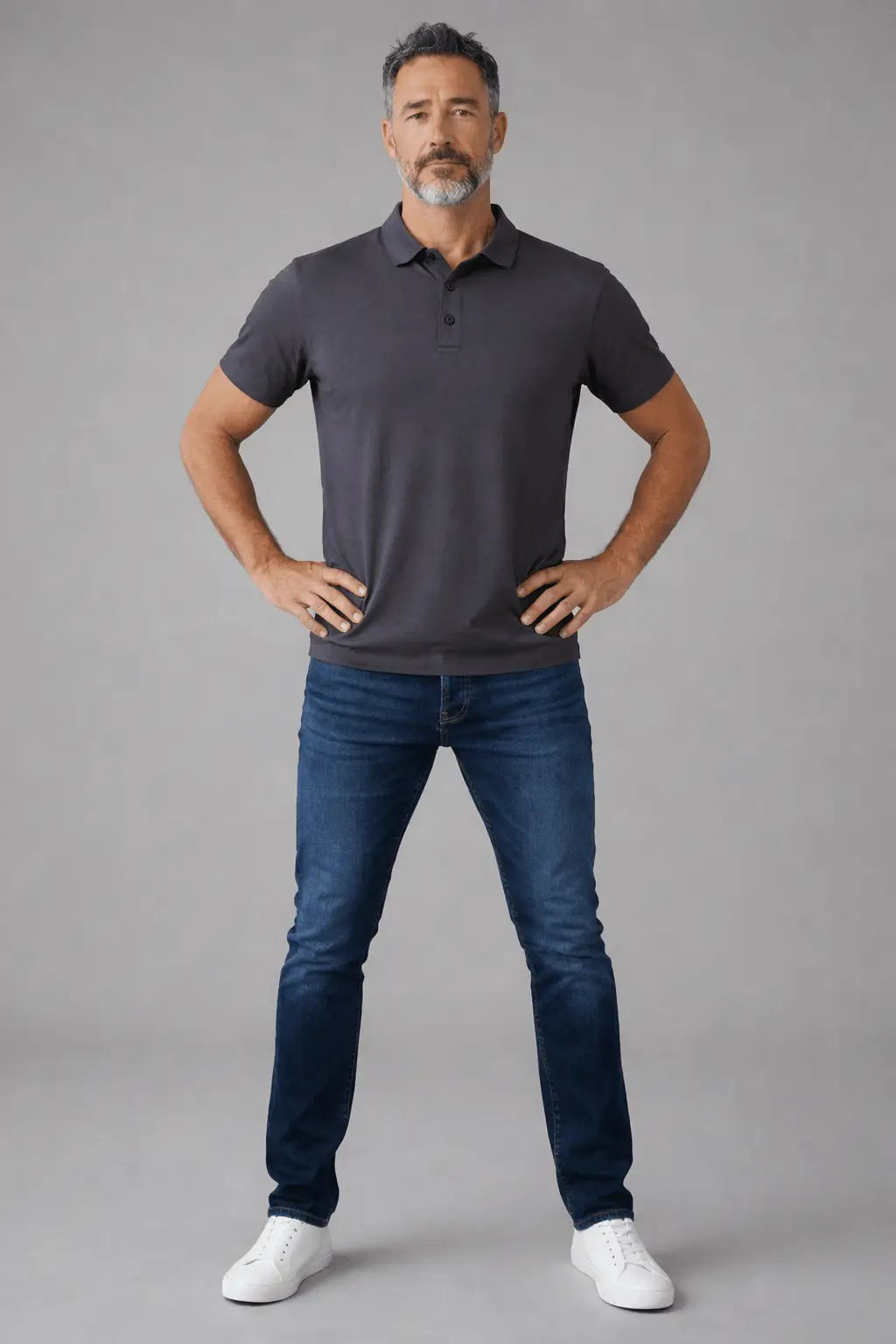 Man wearing a dark gray polo shirt and blue jeans on a gray background