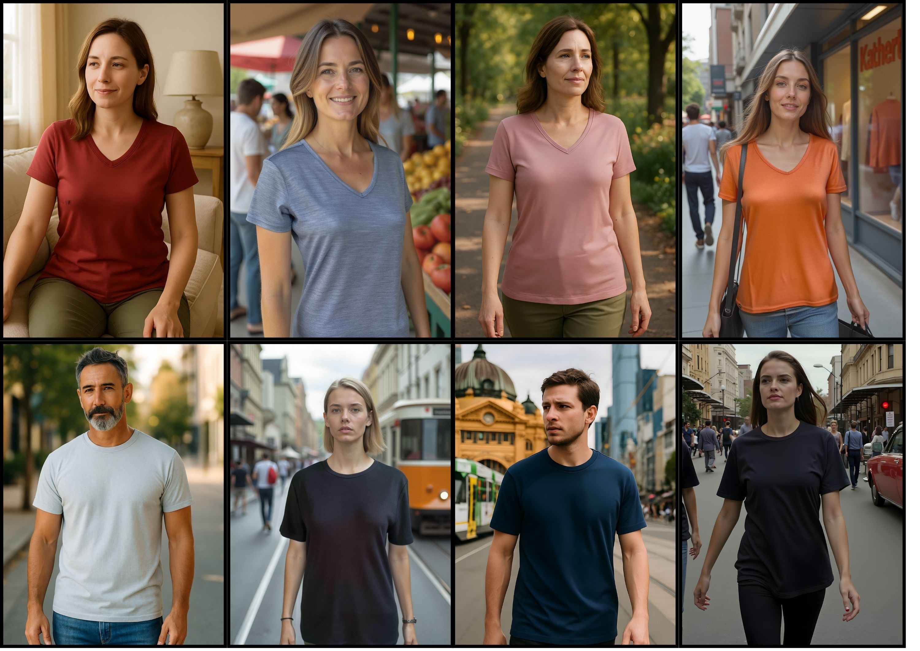 Grid of people wearing different colored t-shirts in various settings