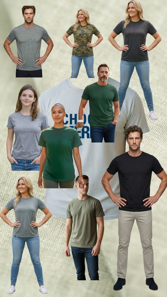 Collage of people wearing different colored t-shirts with a neutral background