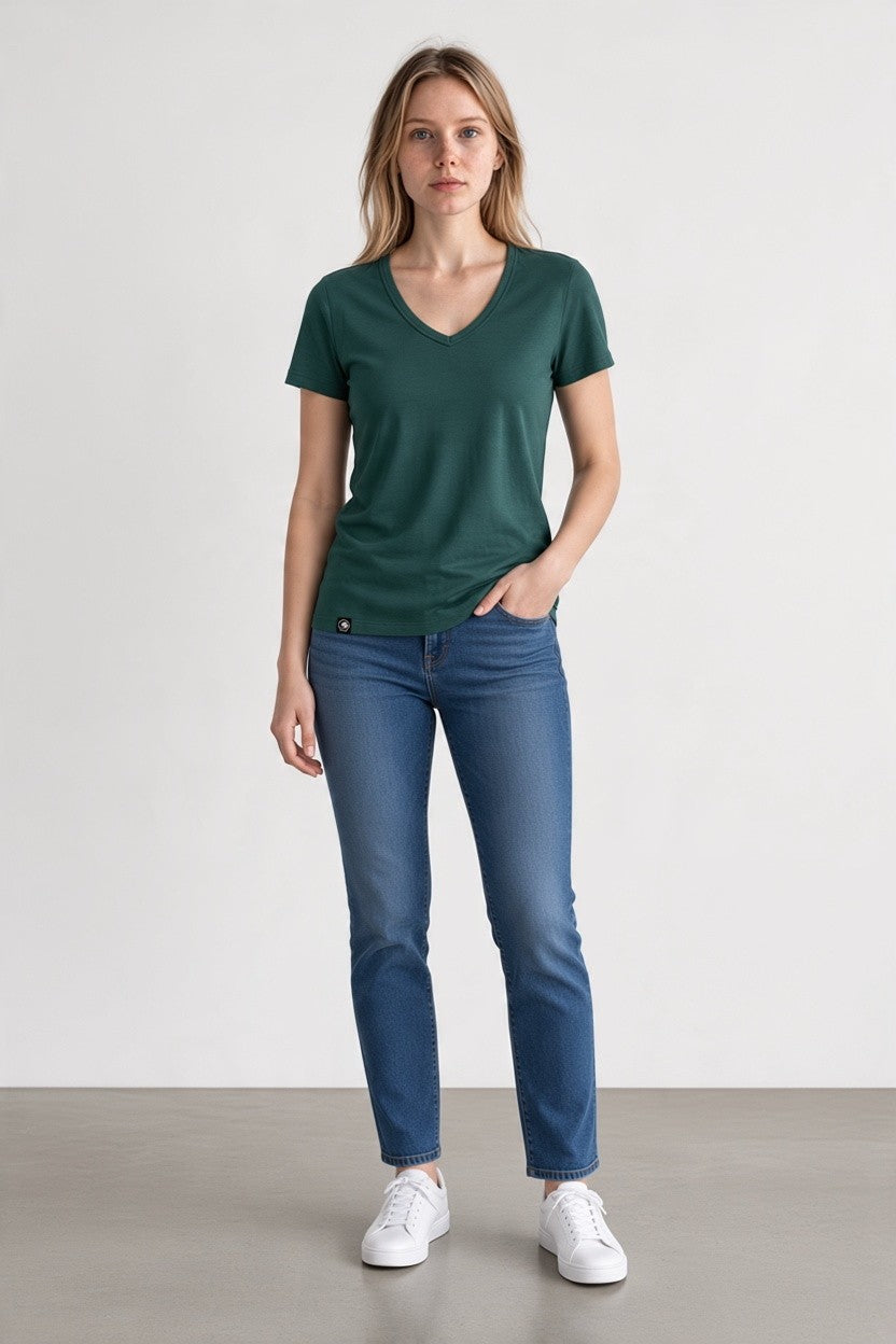 woman in green merino wool t-shirt
