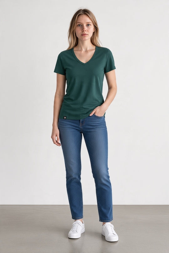 woman in green merino wool t-shirt