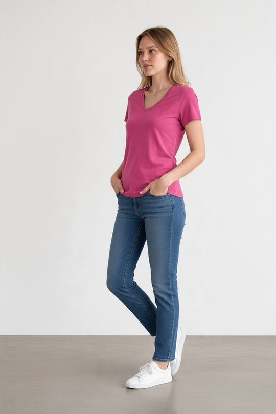 woman in pink merino wool t-shirt