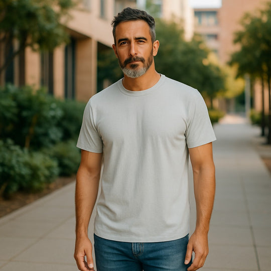 Man wearing a light gray t-shirt and blue jeans standing on a sidewalk with greenery and buildings in the background.