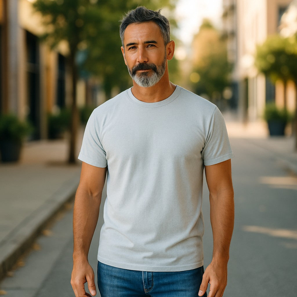 Man wearing a light blue t-shirt and blue jeans standing on a street.