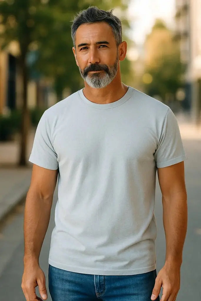 Man wearing a light blue t-shirt and blue jeans standing on a street.
