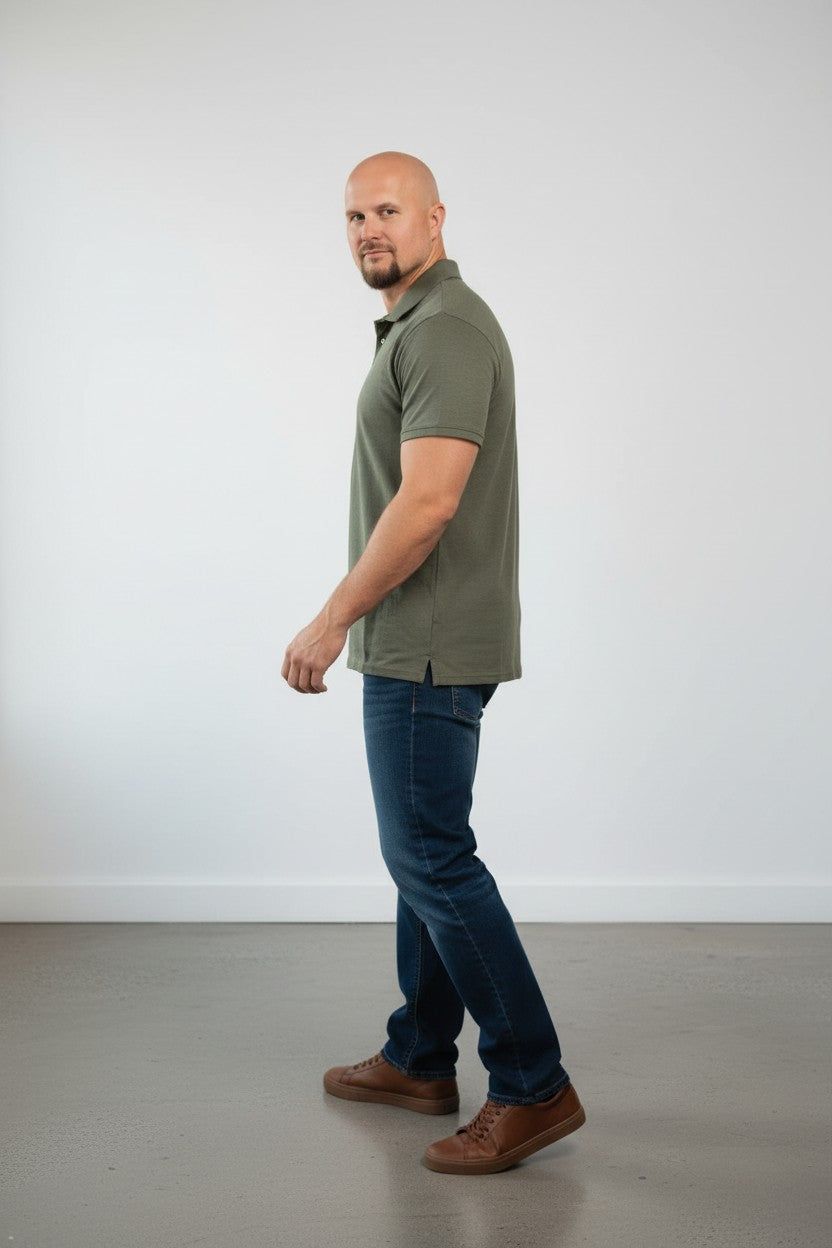Man in merino wool polo shirt