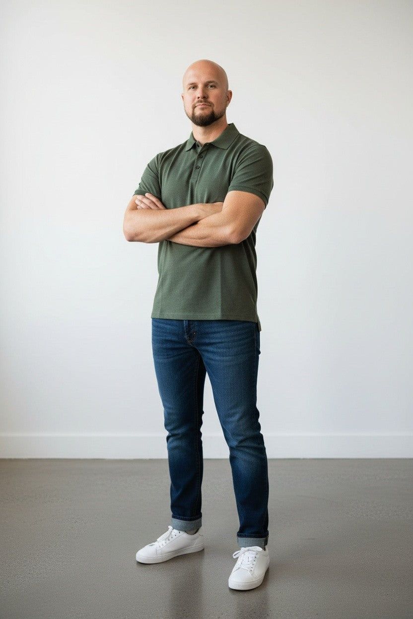 Man in merino wool polo shirt