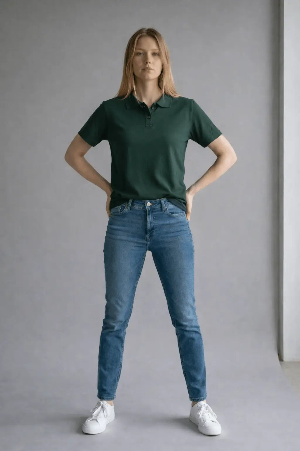 Woman wearing a green polo shirt and blue jeans standing against a plain background