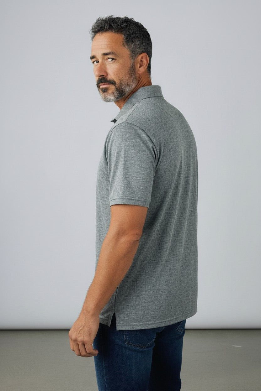 Man in merino wool polo shirt
