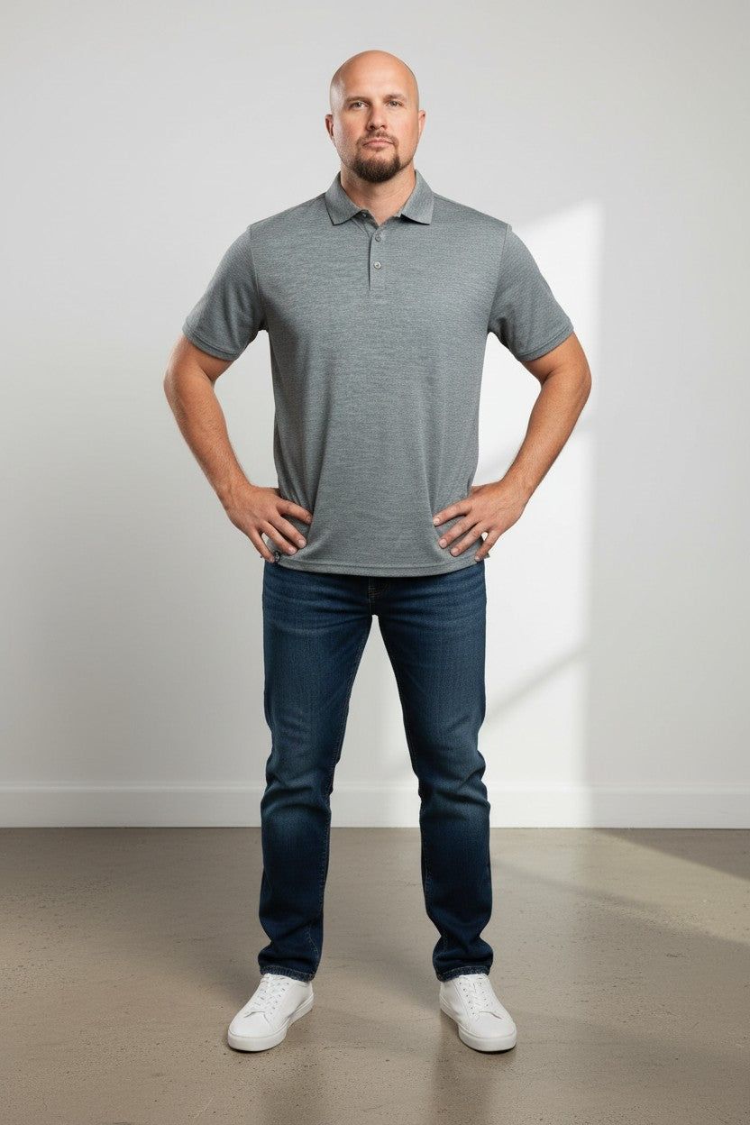 Man in merino wool polo shirt