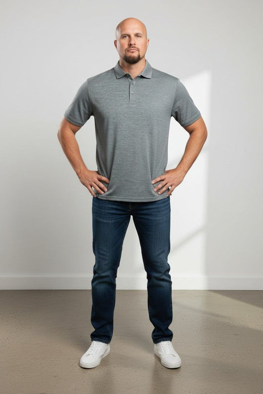 Man in merino wool polo shirt