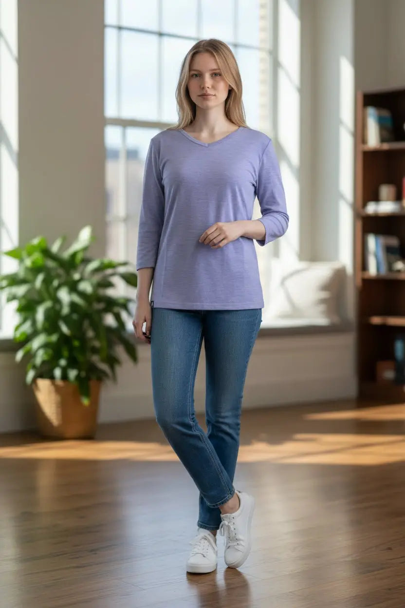 Woman wearing a greyish purple green 3/4 sleeve @Themerinopolo top made from superfine merino wool