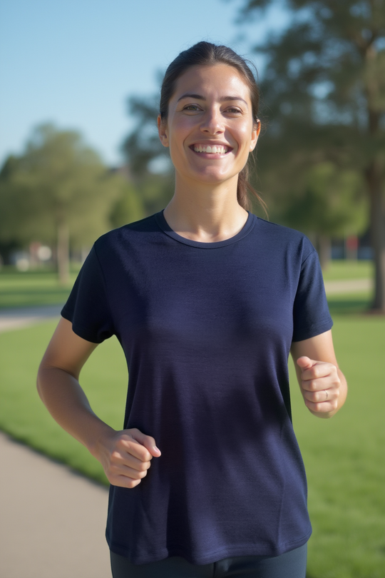Woman running outdoors on a path with trees in the background in merino t-shirt