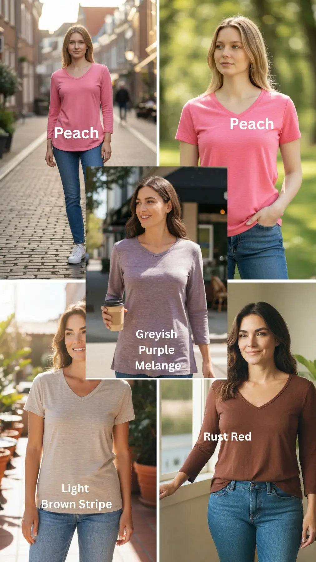 Four different women wearing pink, light brown, and rust red shirts with text labels on a collage.