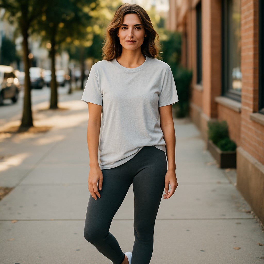 Woman in a blue t-shirt and dark leggings standing on a sidewalk with trees and buildings in the background.
