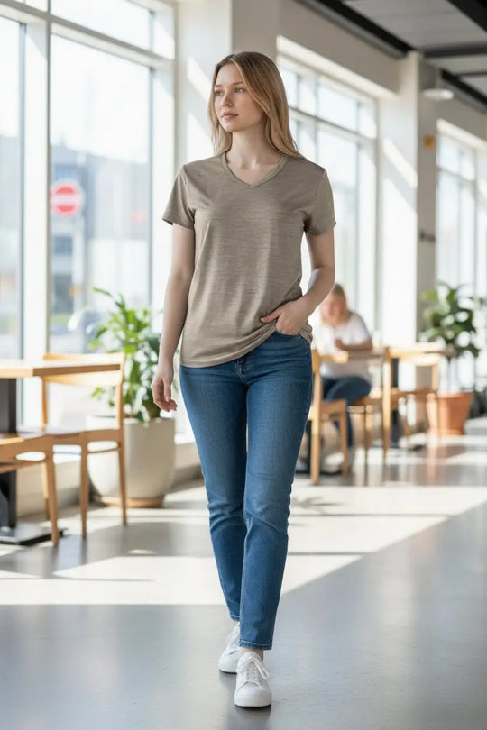Woman walking in a modern indoor setting wearing a merino wool v-neck t-shirt by @themerinopolo