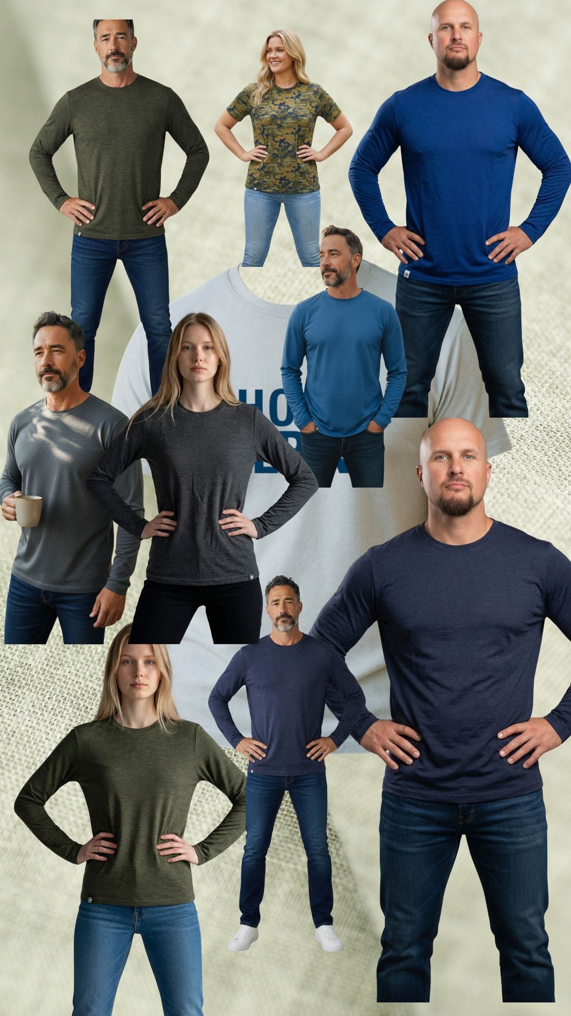 Collage of people wearing various shirts and jeans on a textured background