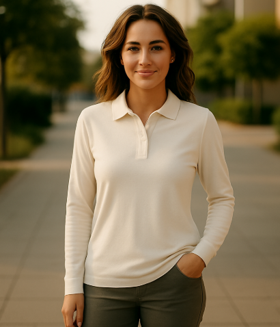 Woman wearing a white long-sleeve shirt standing outdoors on a path with greenery.