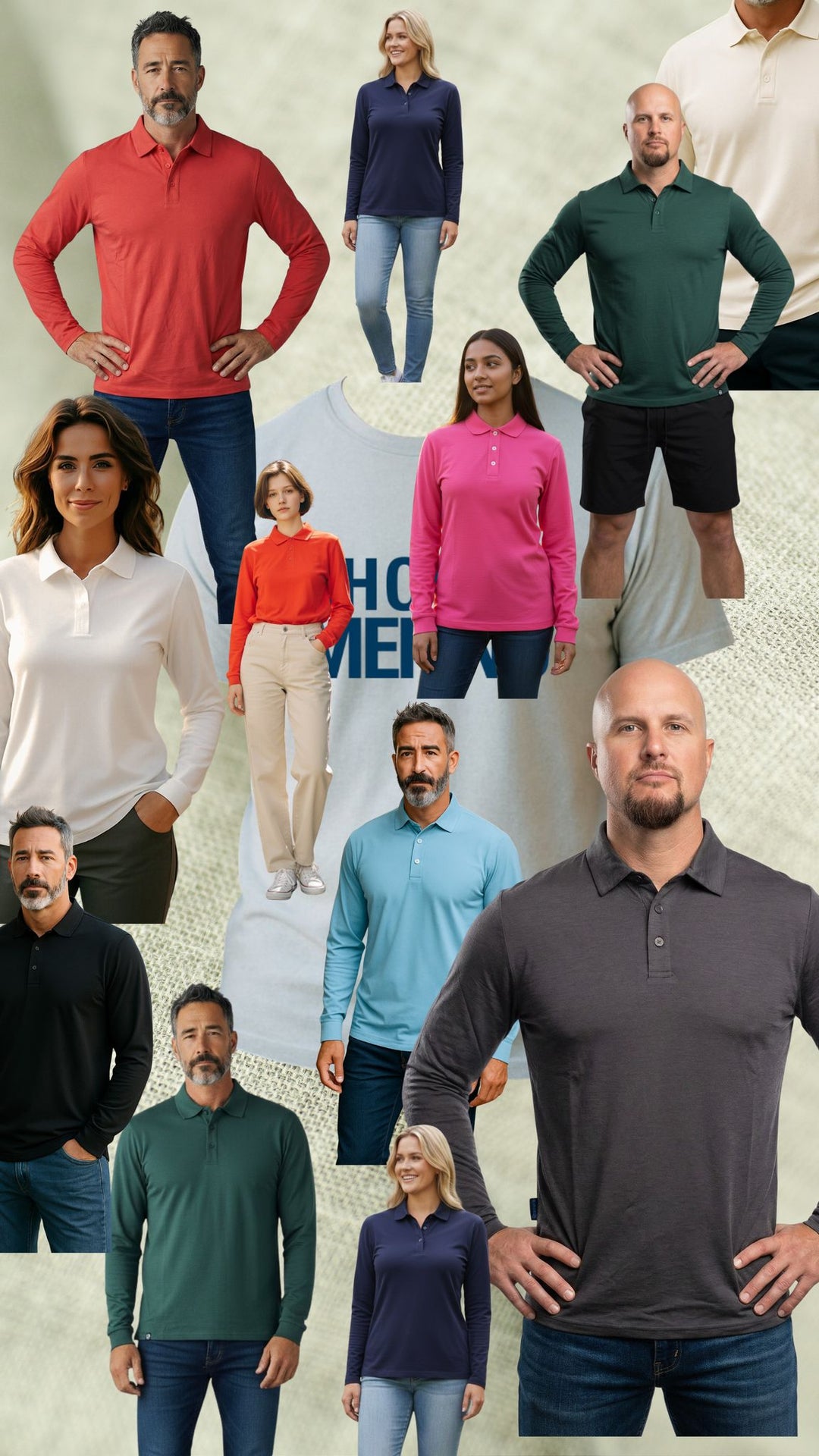 Collage of people wearing different colored polo shirts on a textured background