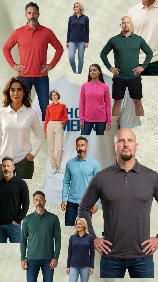 Collage of people wearing different colored polo shirts on a textured background