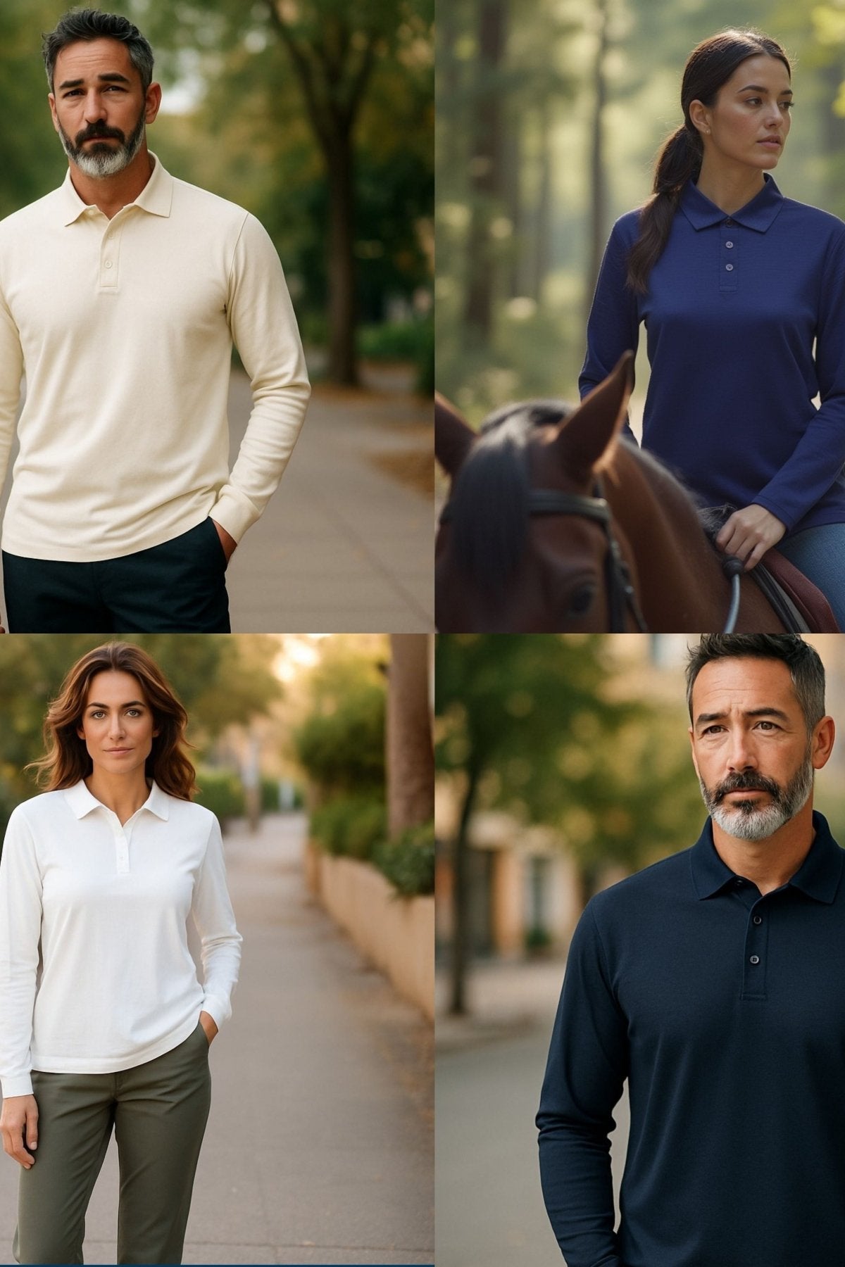 Four people wearing different colored shirts outdoors with trees in the background